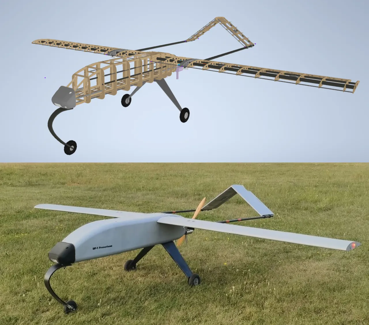 CAD model of a UAV above the as-built aircraft