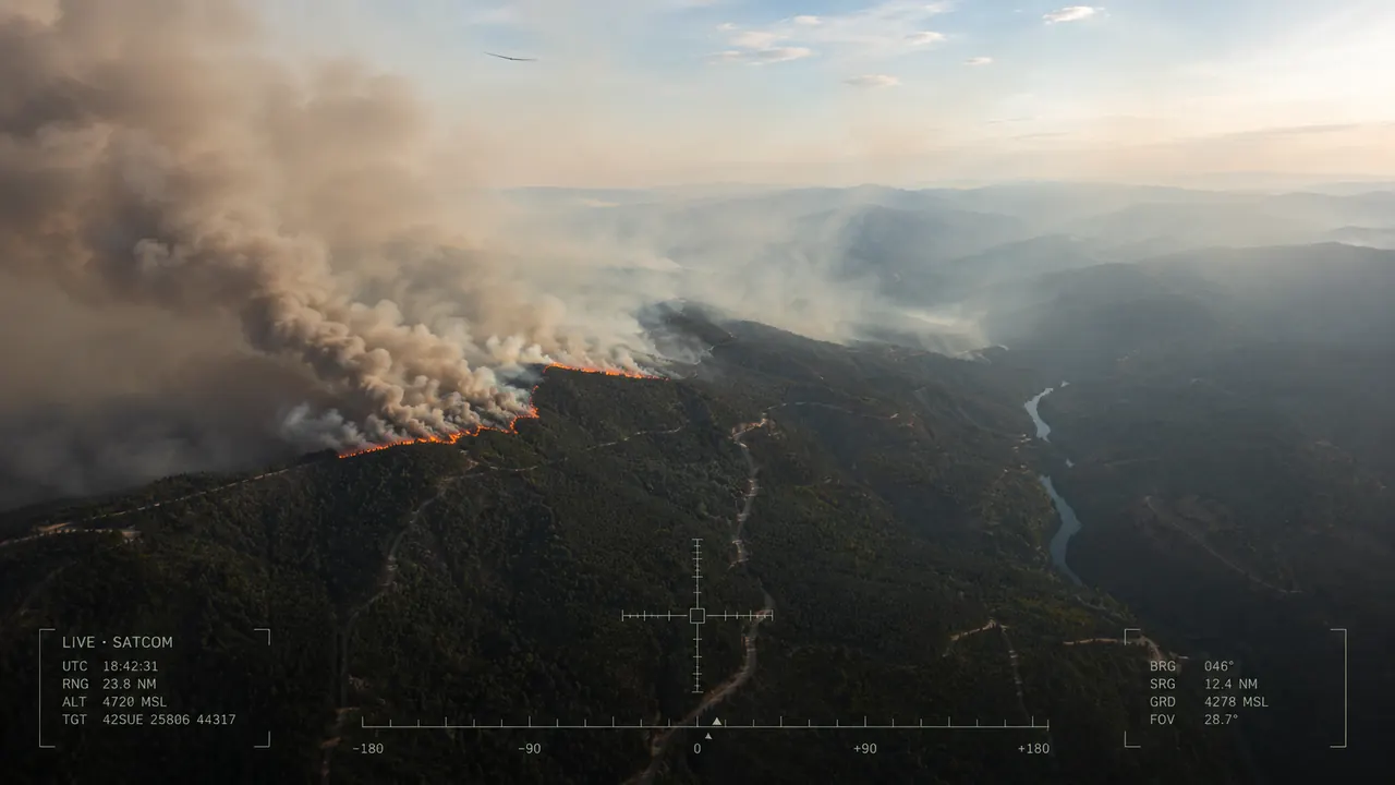 Live EO feed of a forest fire from altitude — satcom downlink concept